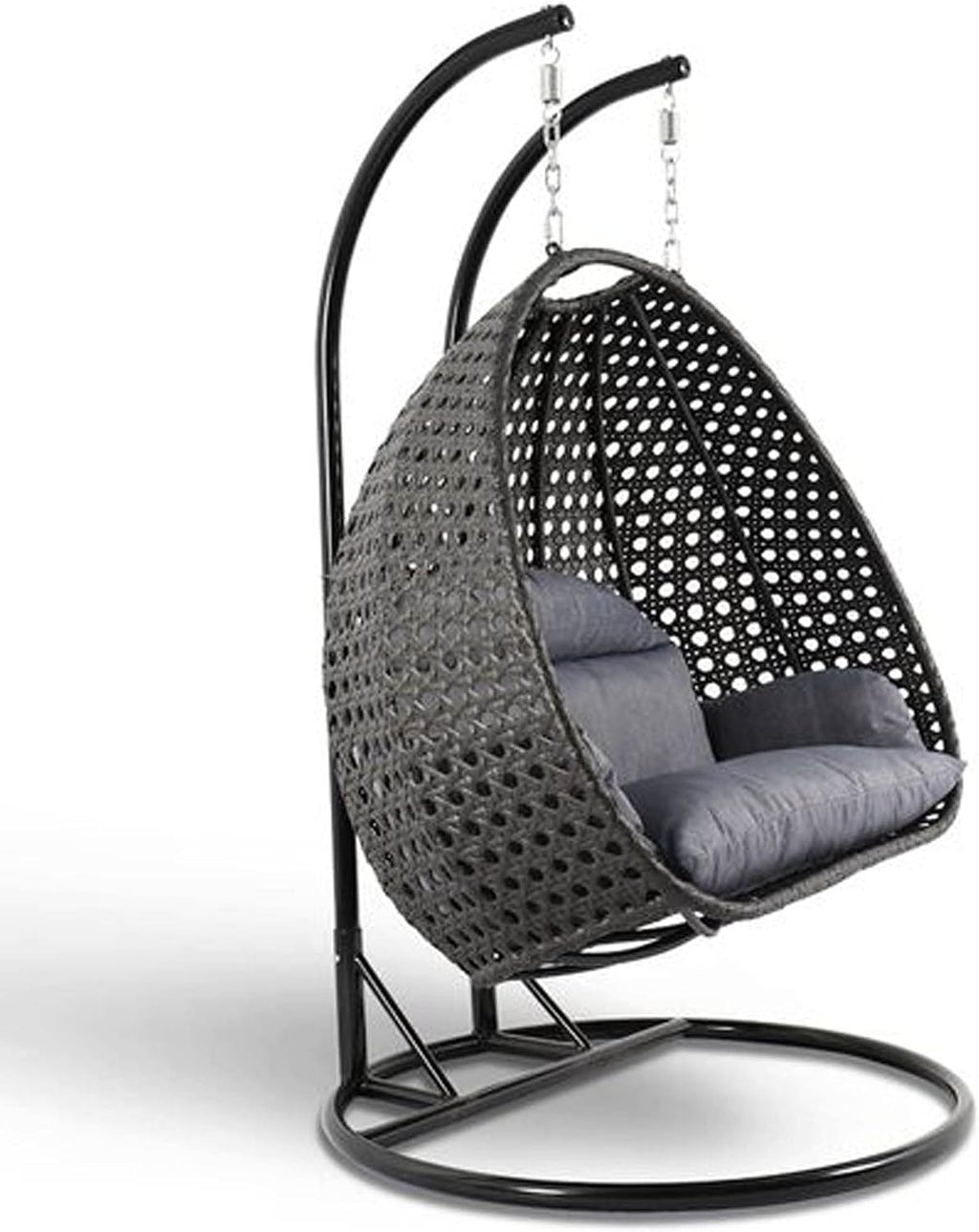 LeisureMod 2 Person Wicker Egg Chair Outdoor Indoor Bedroom Patio Hanging Lounge Swing Hammock Chairs with Black Stand and UV Resistant Cushions (Charcoal Blue)