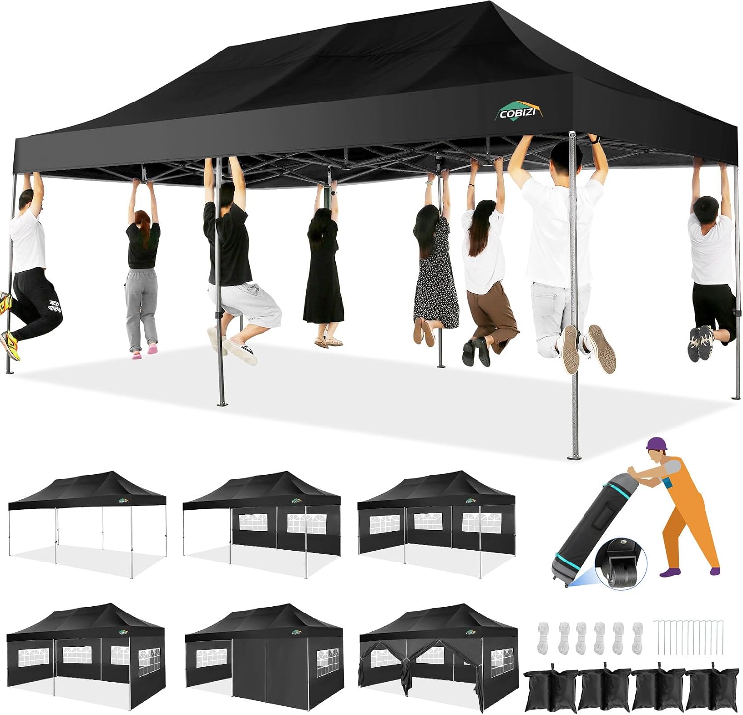COBIZI 10x20 Heavy Duty Pop up Canopy Tent with 6 sidewalls Easy Up Commercial Outdoor Wedding Party Tents for Parties All Season Wind & Waterproof Gazebo Roller Bag, Black(Frame Thickened)