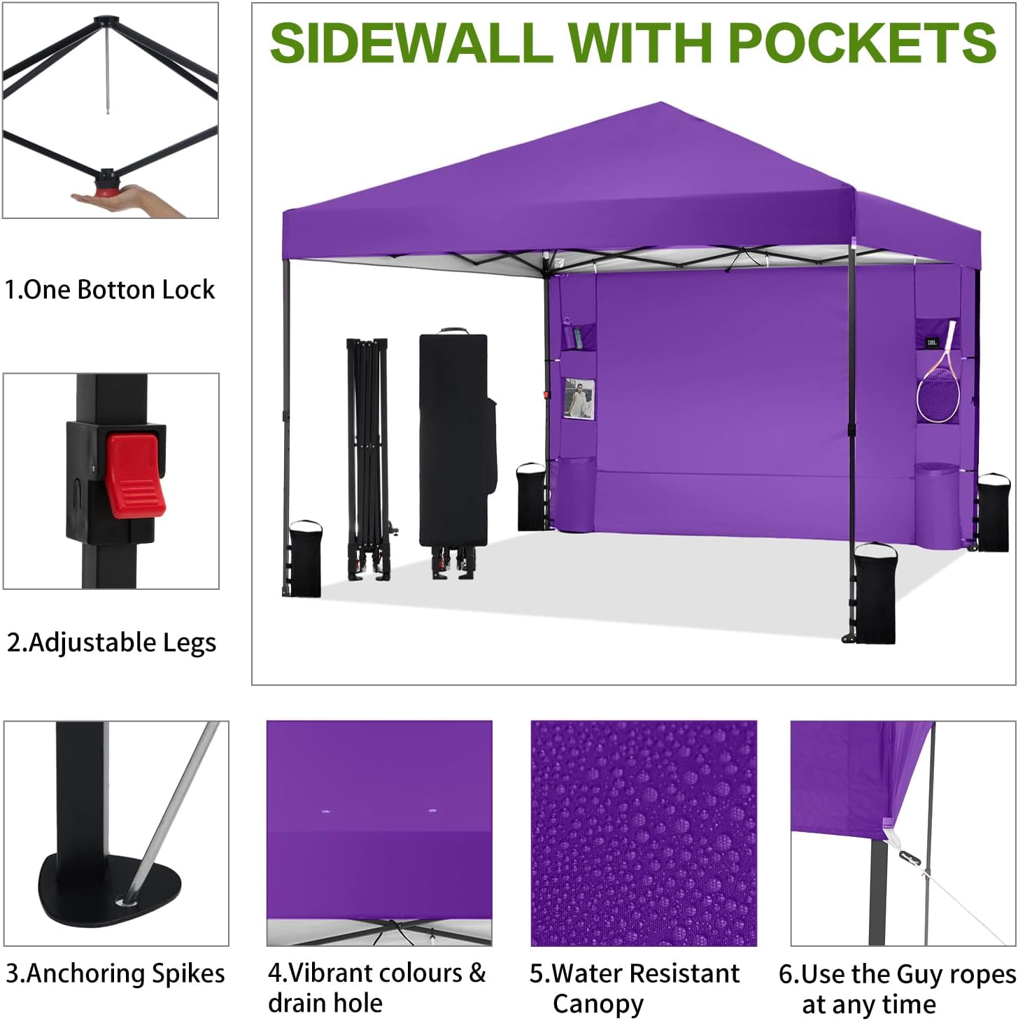 Tunbne 12'x12' Pop Up Canopy Tent with 1 Sidewall and 6 Pockets, One Push Setup, Case, 8 Stakes, 4 Ropes, 4 Sandbags (Purple, 12x12)