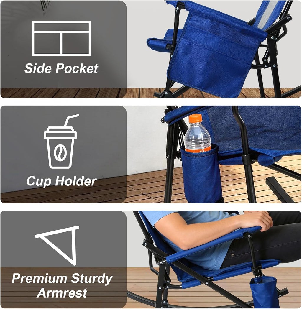 Romswi 2 Pack Rocking Camping Chair for Adult 400LBS Capacity, Heavy Duty Folding Rocking Chairs, Portable Outdoor Rocker with High Back & Hard Armrests for Camping, Beach, Patio, Backyard, Mesh Blue