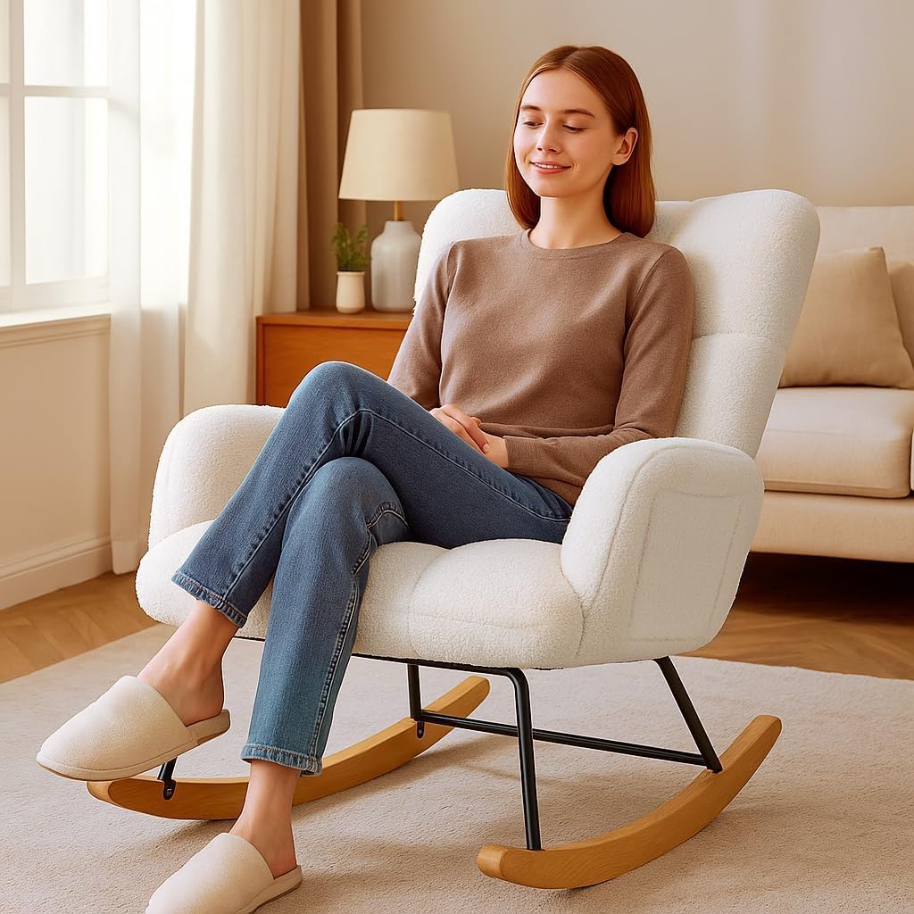 COMHOMA Nursery Rocking Chair, Teddy Upholstered Glider Rocking Chair with Side Pockets, Accent Chair with High Backrest Reading Chair for Adult, Nursery, Bedroom, Living Room,Offices (White)