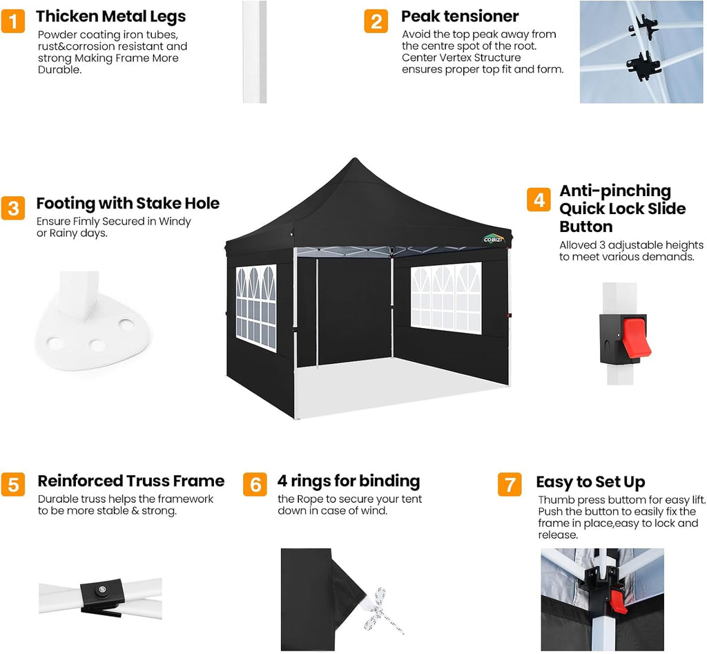 COBIZI 10x10 Pop Up Canopy with 4 Sidewalls, Pop up Tent 10x10 for Parties, Backyard, Commercial, Waterproof and Portable Instant Shelter UV50+ Ez Outdoor Canopy Gazebo with 4 Sandbags