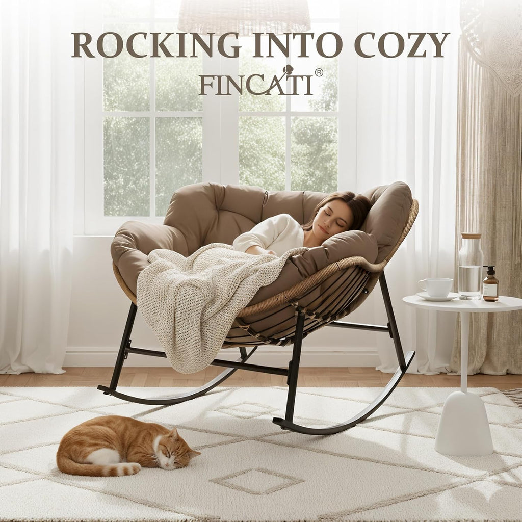 FINCATI Papasan Rocking Chair Indoor Outdooor, Oversized Wicker Recliner with Cushion and Frame, 450 lbs Heavy Duty Large Lounge Egg Chairs, Comfy Patio Rocker for Balcony Porch Garden Living Room