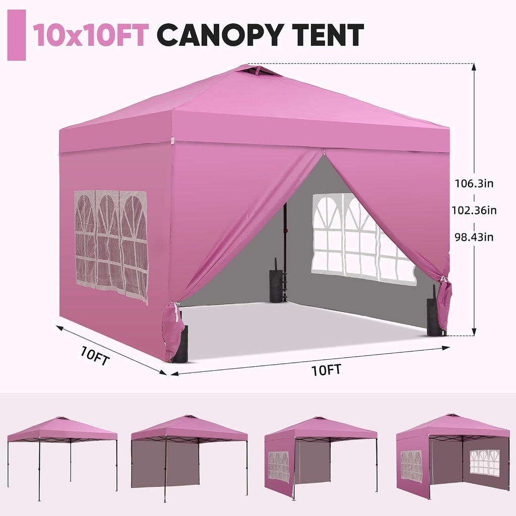 GDY 10x10 Pop Up Canopy Tent with 4 Sidewalls, Easy Set up with One Push Lift Outdoor Silver Coated Beach Gazebos, Carpas with 4 Sandbags, for Outdoor, Parties,Camping, Light Pink.