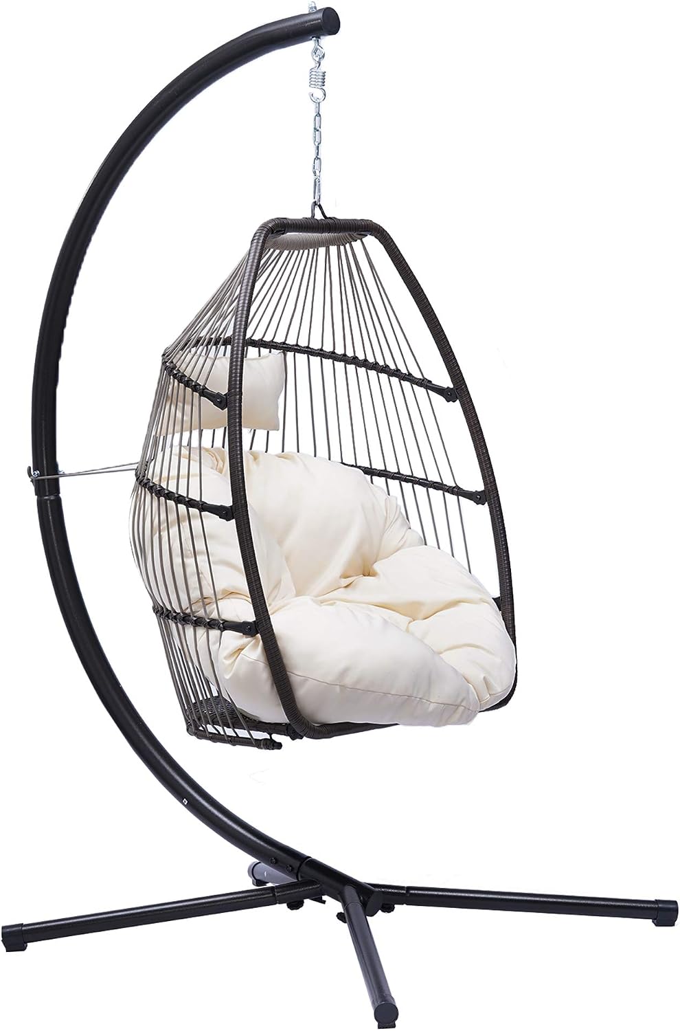 Modern Patio Wicker Folding Hanging Chair,Rattan Swing Hammock Egg Chair with C Type Bracket,with Cushion and Pillow,for Indoor,Outdoor,Beige