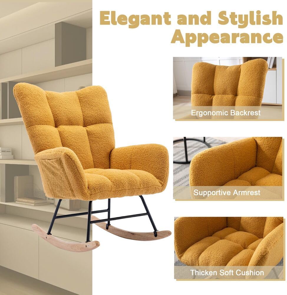 Nursery Rocking Chair Teddy Upholstered Glider Rocker Rocking Accent Chair with High Backrest Armchair Comfy Side Chair for Living Room, Bedroom, Offices (Turmeric)