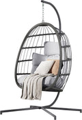 HWB Hanging Egg Chair with Stand, Patio Wicker Egg Swing Chair with Cushion for Bedroom Garden Indoor Outdoor (Grey)