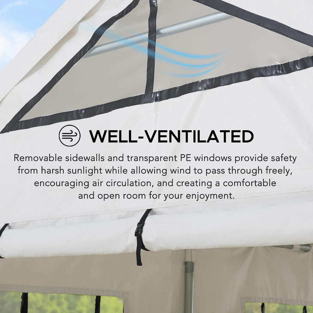 Sunjoy 12 x 30 ft. Party Wedding Tent, Outdoor Heavy Duty Gazebo, Steel Frame PVC Canopy Carport with 8 Side Removable PE Windows and 2 Roll-up Side Walls, White