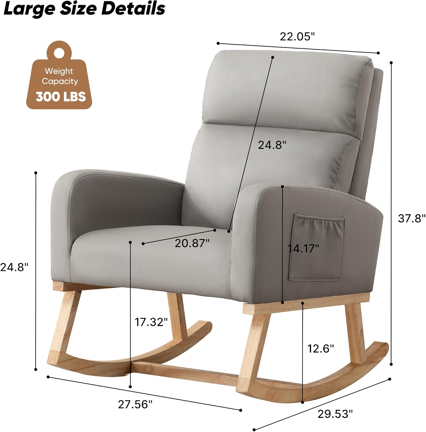 Rocking Chair Nursery, Uplostered Leather Rocker Nursing Chairs with Wood Legs and Side Pocket, Comfortable Glider Roking Chair for Nursery, Living Room, Bedroom,Teddy, Leather Grey