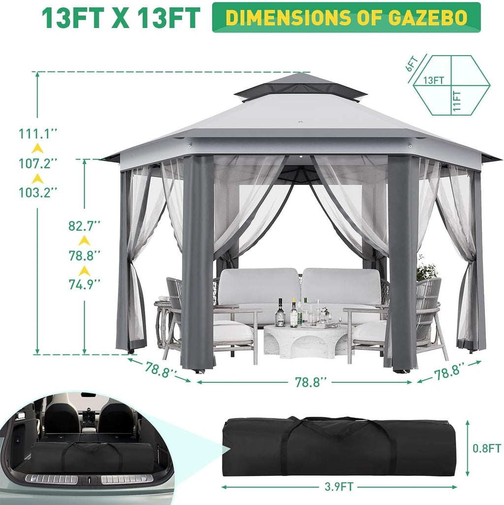 13x13 Ft 6-Sided Pop-Up Gazebo Canopy Tent with Removable Mesh Netting - Waterproof UV Protection Outdoor Instant Shelter for Patio, Backyard, Camping & Beach