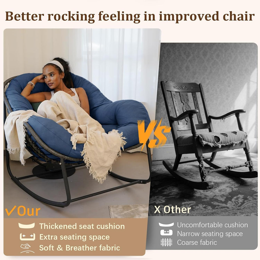 Papasan Rocking Chair, Oversized Rocking Papasan Chair Rattan Papasan Chair w Cushion, Wicker Egg Chair Rocker Outdoor Front Porch Chair, Big Comfy Rocking Chair for Outdoor(Navy Blue)