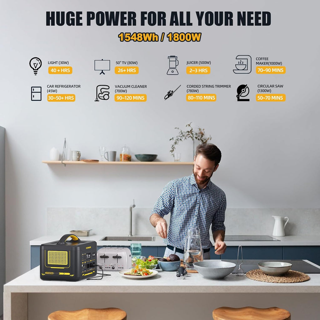 VTOMAN Jump 1800 Portable Power Station with 200W Solar Panel, 1800W/1548Wh LiFePO4 Battery Solar Generator with 1800W Constant-Power, PD 100W Type-C, Capacity Expandable for Camping, Home Backup