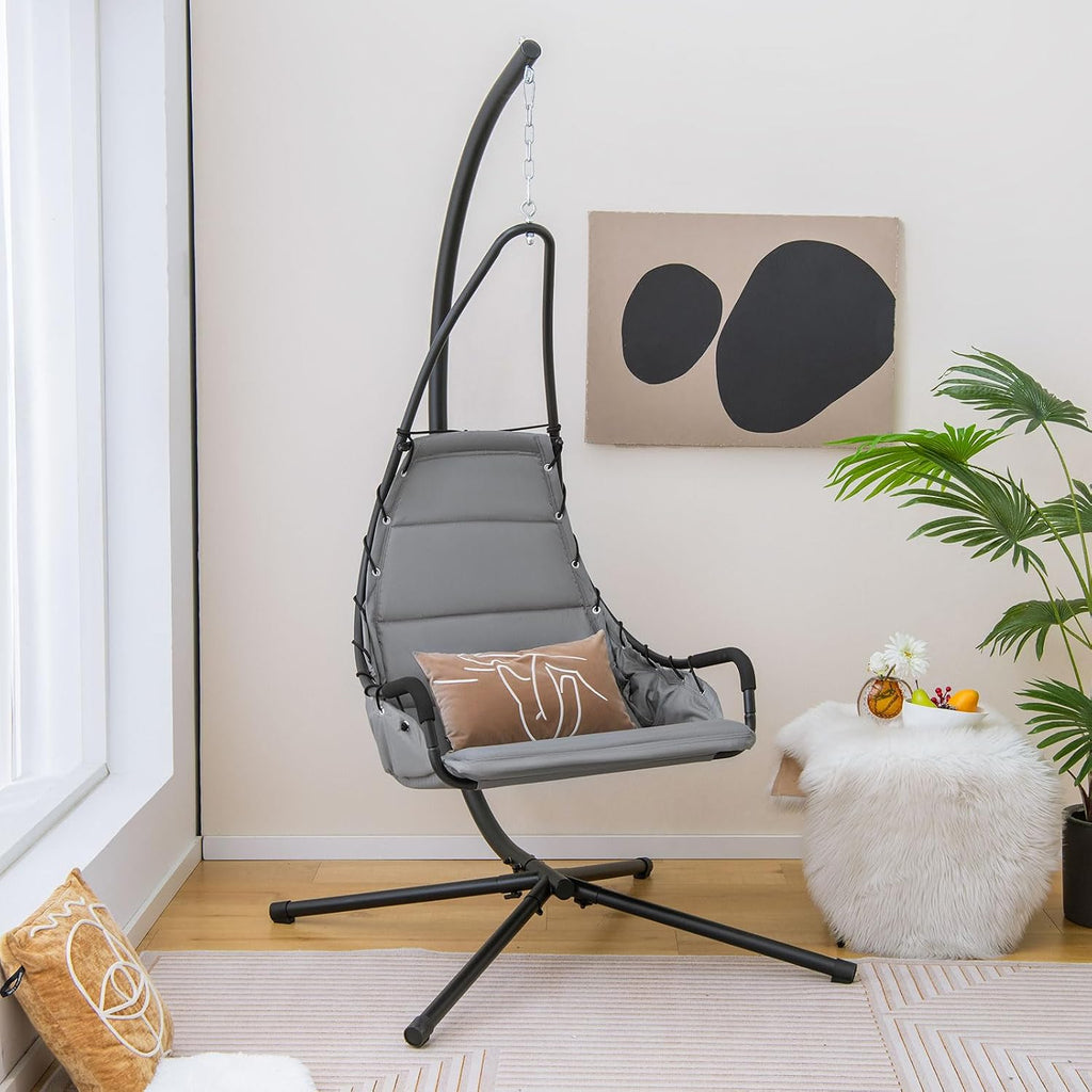 Tangkula Swing Chair with Stand, Hanging Egg Chair with Cushion, Indoor Outdoor Hammock Chair with Steel Rustproof Frame for Patio Backyard Porch Garden