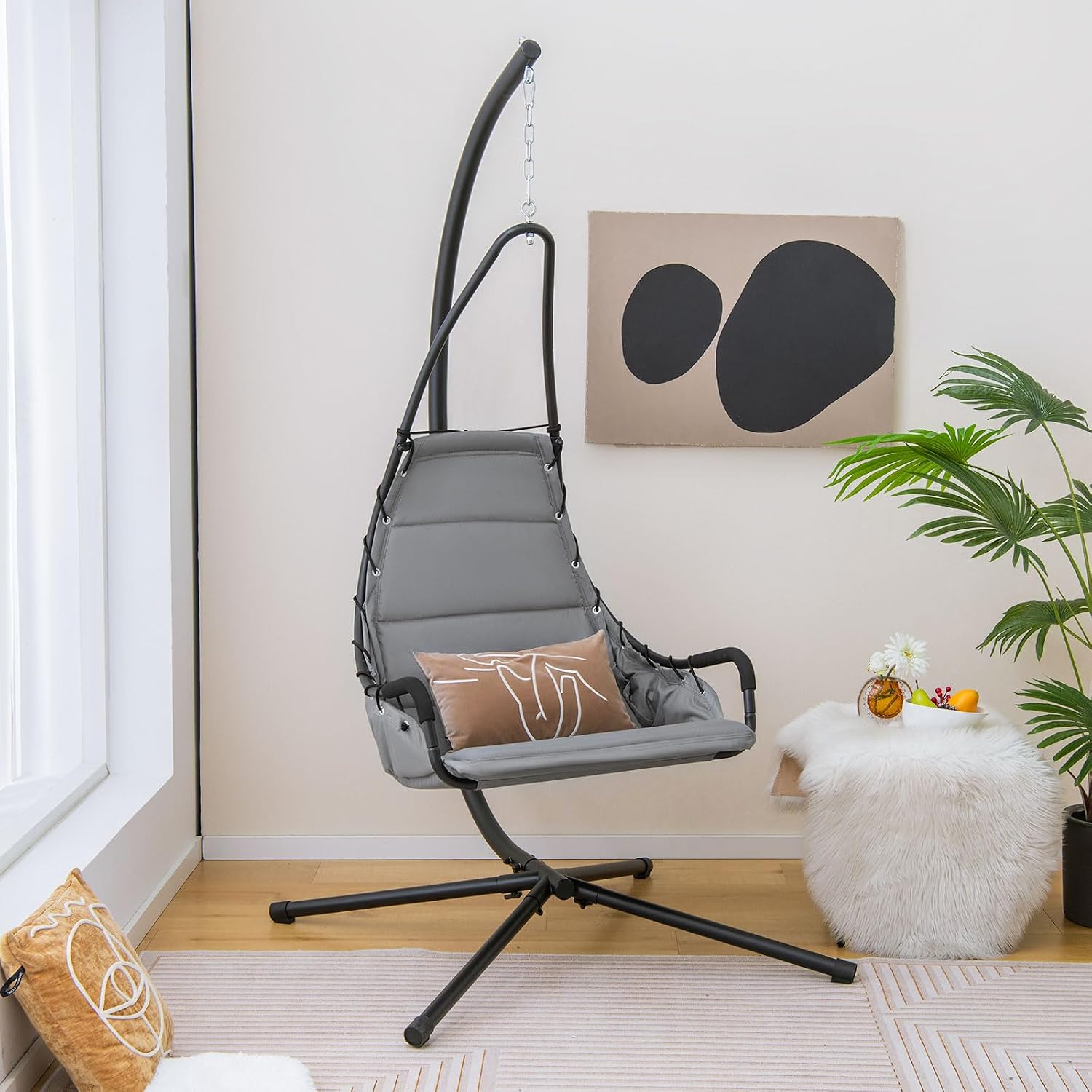 Tangkula Swing Chair with Stand, Hanging Egg Chair with Cushion, Indoor Outdoor Hammock Chair with Steel Rustproof Frame for Patio Backyard Porch Garden