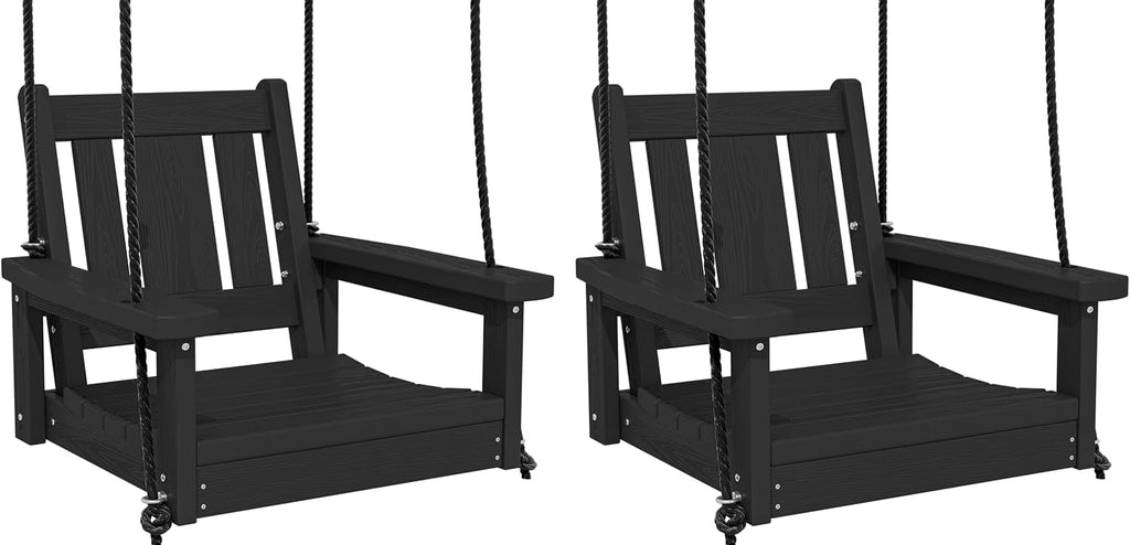 SERWALL HDPE Single Porch Swing Set of 2, Heavy Duty Single Person Swing Chair with 2 Polypropylene Hanging Ropes, Adirondack Hanging Chair for Outdoor Front Porch Patio Garden Yard, Black
