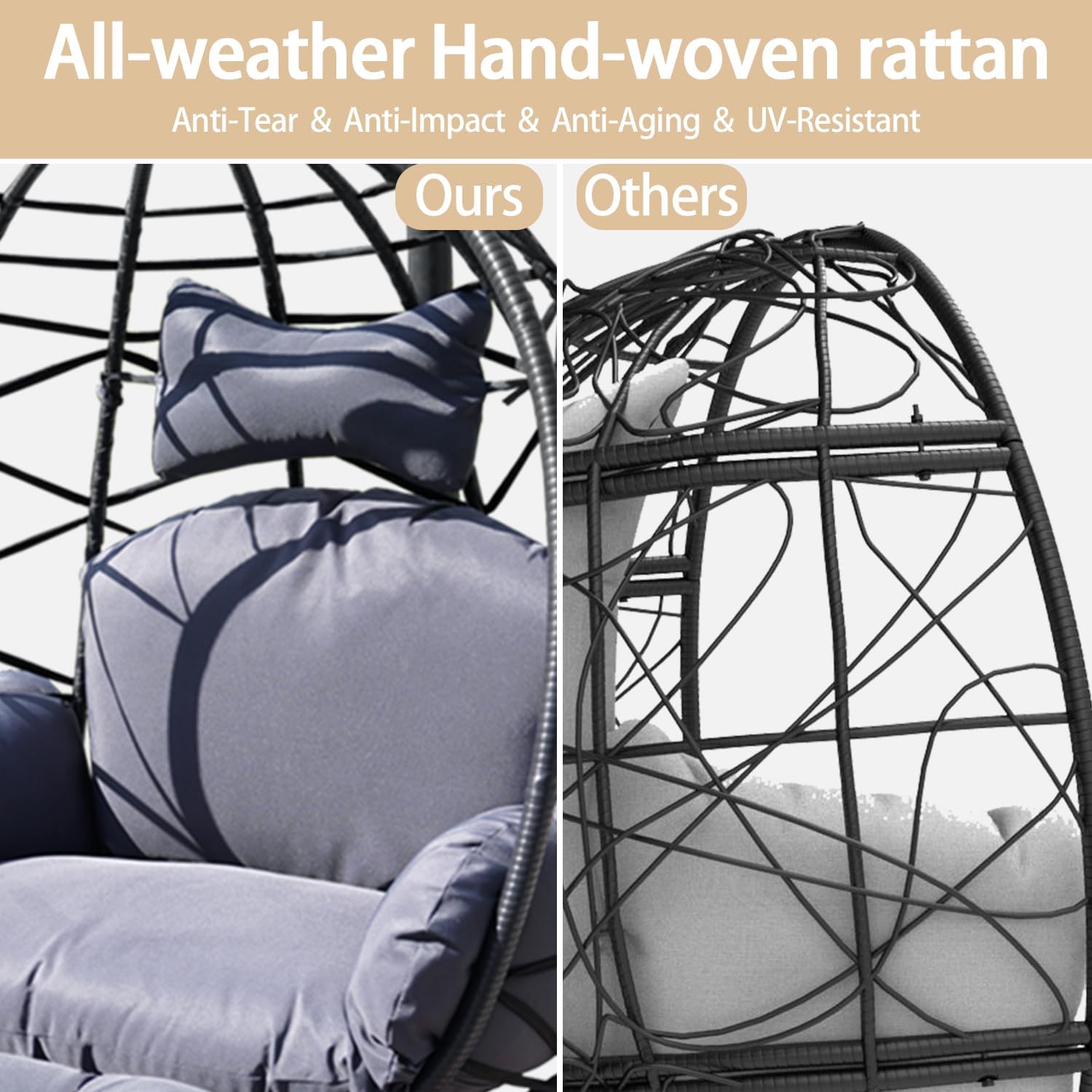 Indoor Outdoor Hanging Egg Chair with Stand & Leg Rest – Heavy-Duty Steel Frame, Handwoven Rattan Swing Chair for Patio, Garden, Bedroom – 350 lbs Capacity, Ergonomic Design (Navy)