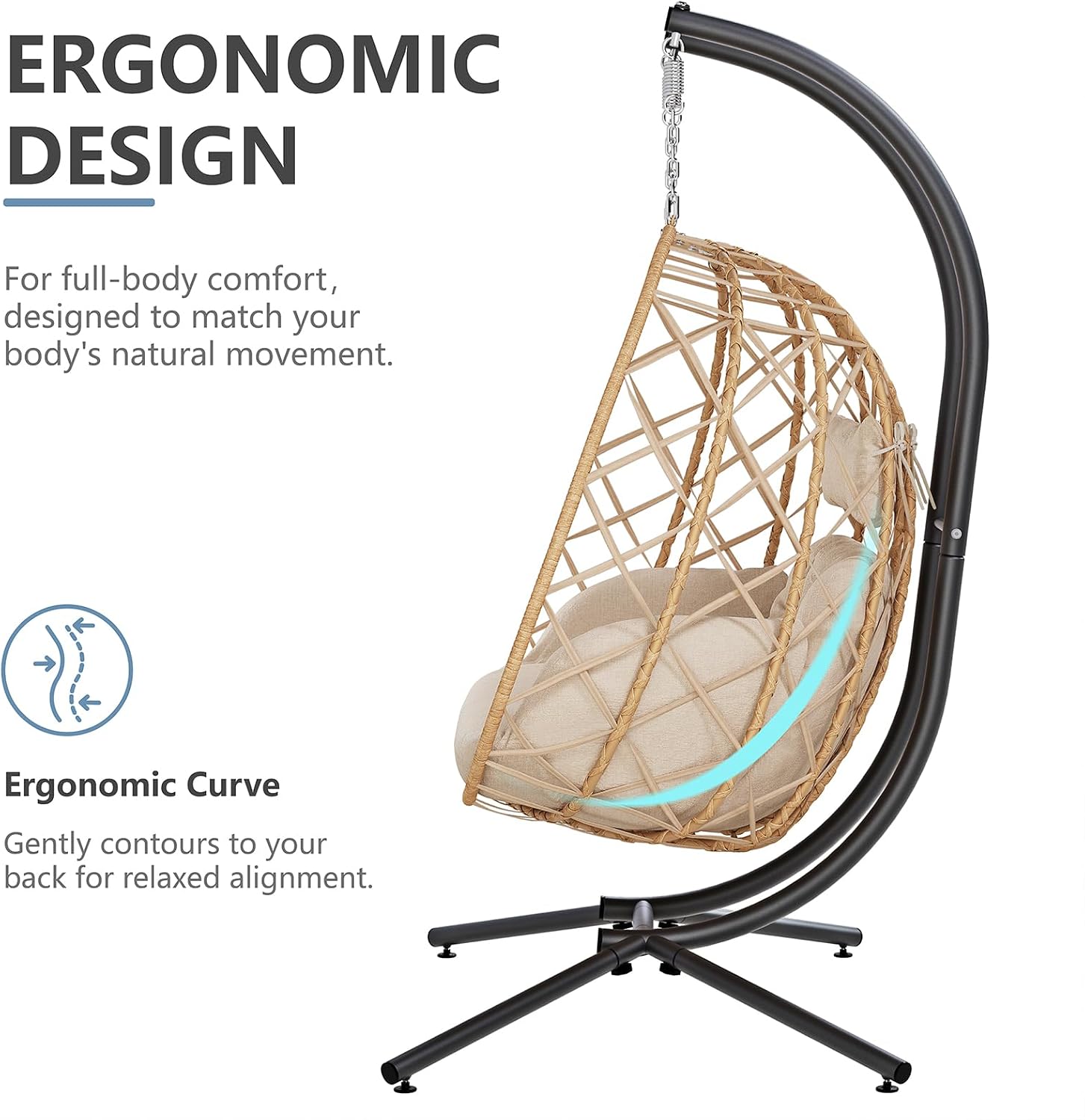 SWITTE Double Egg Swing Chair with Stand, 2 Person Outdoor Indoor Hammock Hanging Chair with Cushion for Patio Living Room 650 LBS Capacity-Beige