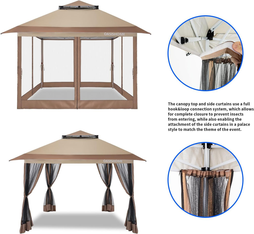OASISHOME Pop-up Gazebo Portable Instant Canopy Tent 12x12, One-Push Locking System, with 4 Mesh Sidewall, Wheeled Bag, for Patio/Backyard/Outdoor/Parties/Events (Khaki,12FTx12FT)