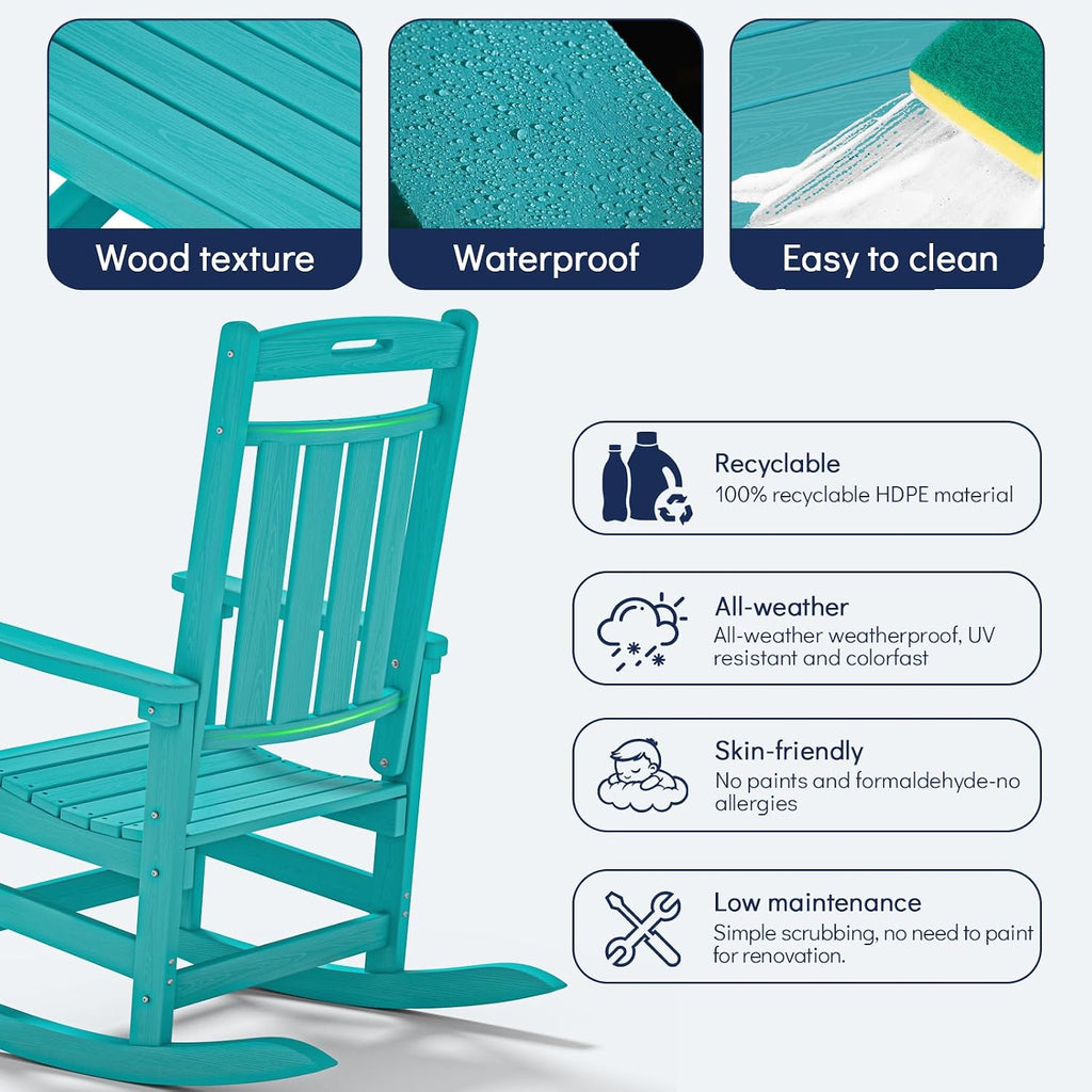 Plawdlik Oversized Outdoor Rocking Chair - All-Weather Resistant,HDPE Heavy Duty Patio Rockers with High Back - Perfect for Porch,Garden,Modern Style Set of 2-Aruba