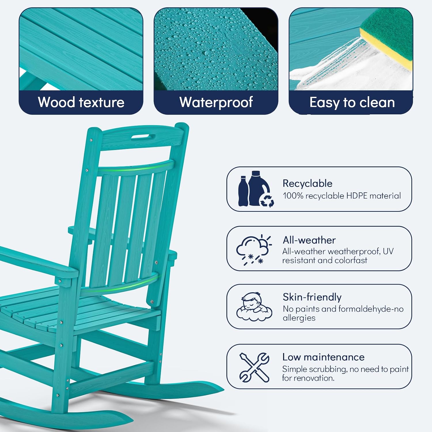 Plawdlik Oversized Outdoor Rocking Chair - All-Weather Resistant,HDPE Heavy Duty Patio Rockers with High Back - Perfect for Porch,Garden,Modern Style Set of 2-Aruba