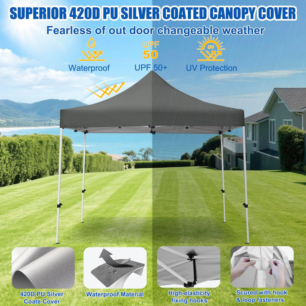 Yesker 10x10 Pop Up Canopy Tent with 4 Sidewalls Portable Folding Outdoor Canopy Easy Setup Gazebo Waterproof Instant Popup Shelter Tent w Wheeled Carry Bag sandbags for Events Parties Camping, Gray