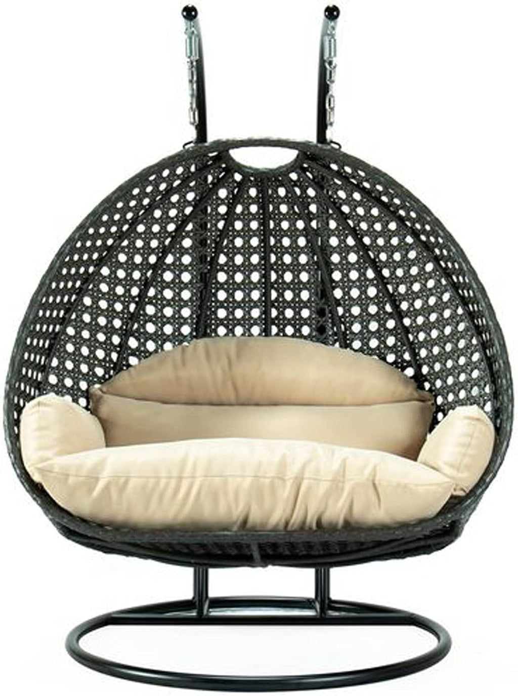 LeisureMod 2 Person Wicker Hanging Egg Chair with Stand & UV-Resistant Cushions for Indoor/Outdoor, Patio, Lounge, Hammock Seat, Beige