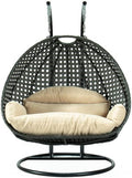 LeisureMod 2 Person Wicker Hanging Egg Chair with Stand & UV-Resistant Cushions for Indoor/Outdoor, Patio, Lounge, Hammock Seat, Beige