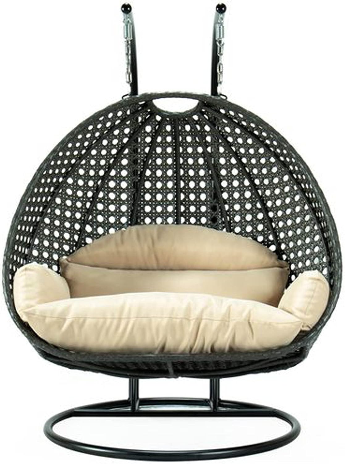 LeisureMod 2 Person Wicker Hanging Egg Chair with Stand & UV-Resistant Cushions for Indoor/Outdoor, Patio, Lounge, Hammock Seat, Beige