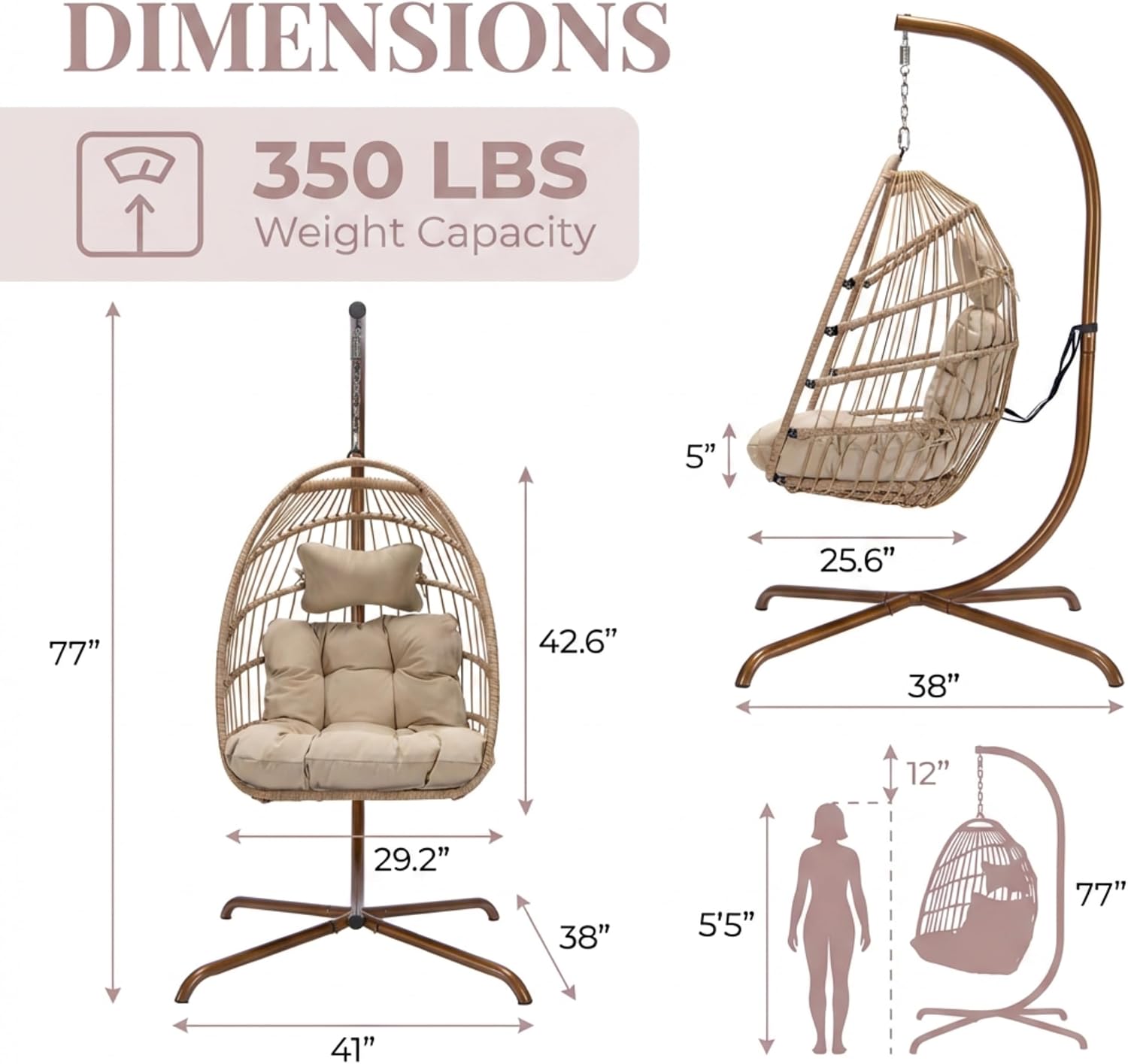 BULEXYARD Patio Egg Chair Swing with Stand, 350 Lbs Modern Water-Resistant Rattan Hammock Chair with Comfy Cushion, Freestanding Basket Seat for Outside Garden Bedroom Porch Apartment, Beige