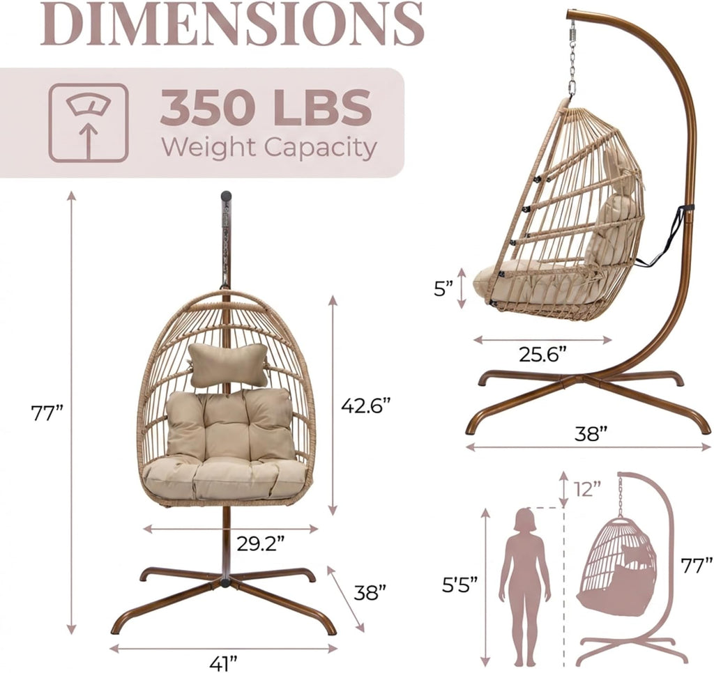 BULEXYARD Indoor Swinging Egg Chair with Stand, 350 Lbs Water-Resistant Wicker Hanging Hammock Chair with Comfy Cushion, Outdoor Heavy-Duty Eggshell Basket for Balcony Patio Bedroom Garden, Beige