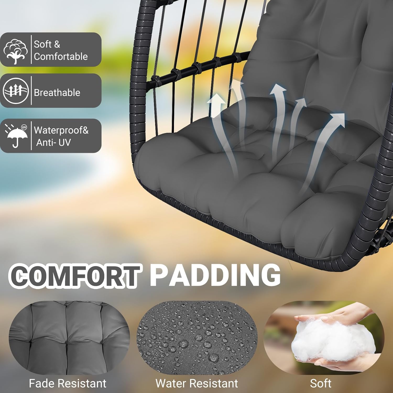 CHABATREE Egg Chair with Stand,Patio Rattan Wicker Hanging Swing Egg Chair Hammock Chair for Bedroom Porch Garden,Thickened Aluminum Alloy Steel Frame and UV Resistant Cushion,350LBS Capacity