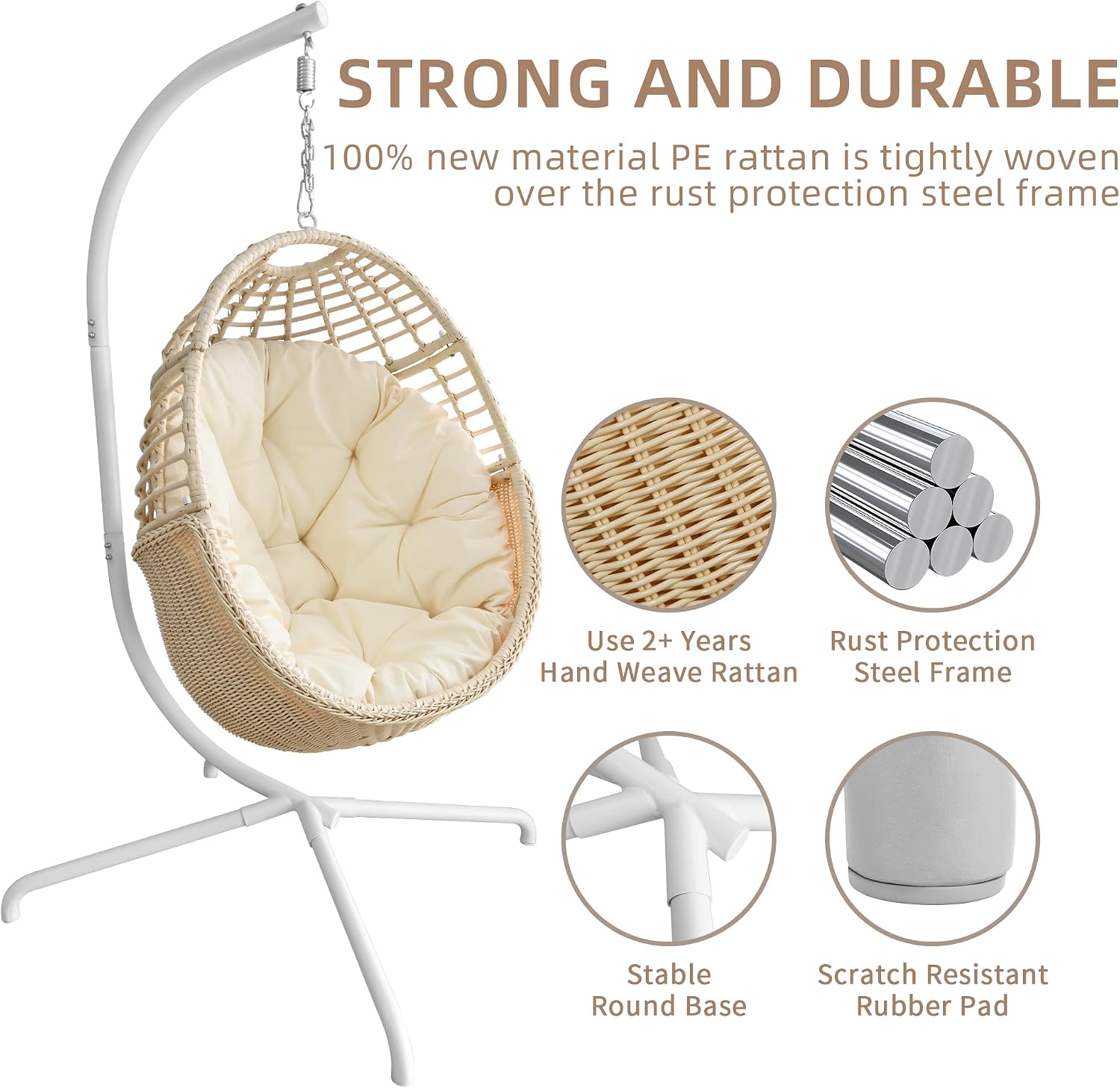 TWT Egg Swing Chair with Stand Beige Outdoor - Rattan Wicker Patio Hanging Basket Hammock Chair with Metal Frame and UV Resistant Cushion for Indoor Bedroom Balcony (Claws Base)