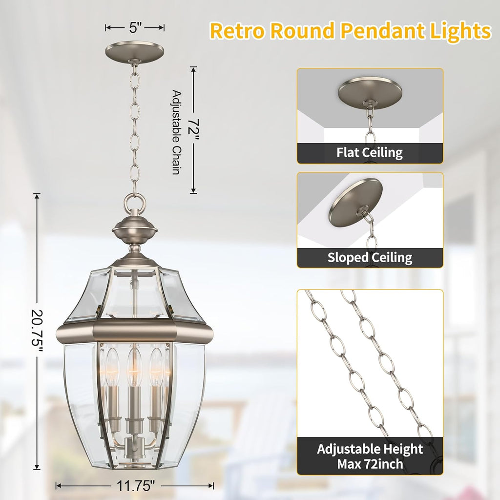 Large Outdoor Pendant Light Fixture 3-Light, 20in Modern Silver Outdoor Chandelier Hanging Porch Light, Metal Exterior Ceiling Mount Hanging Lantern with Clear Glass for Front Door, Entrance, Gazebo