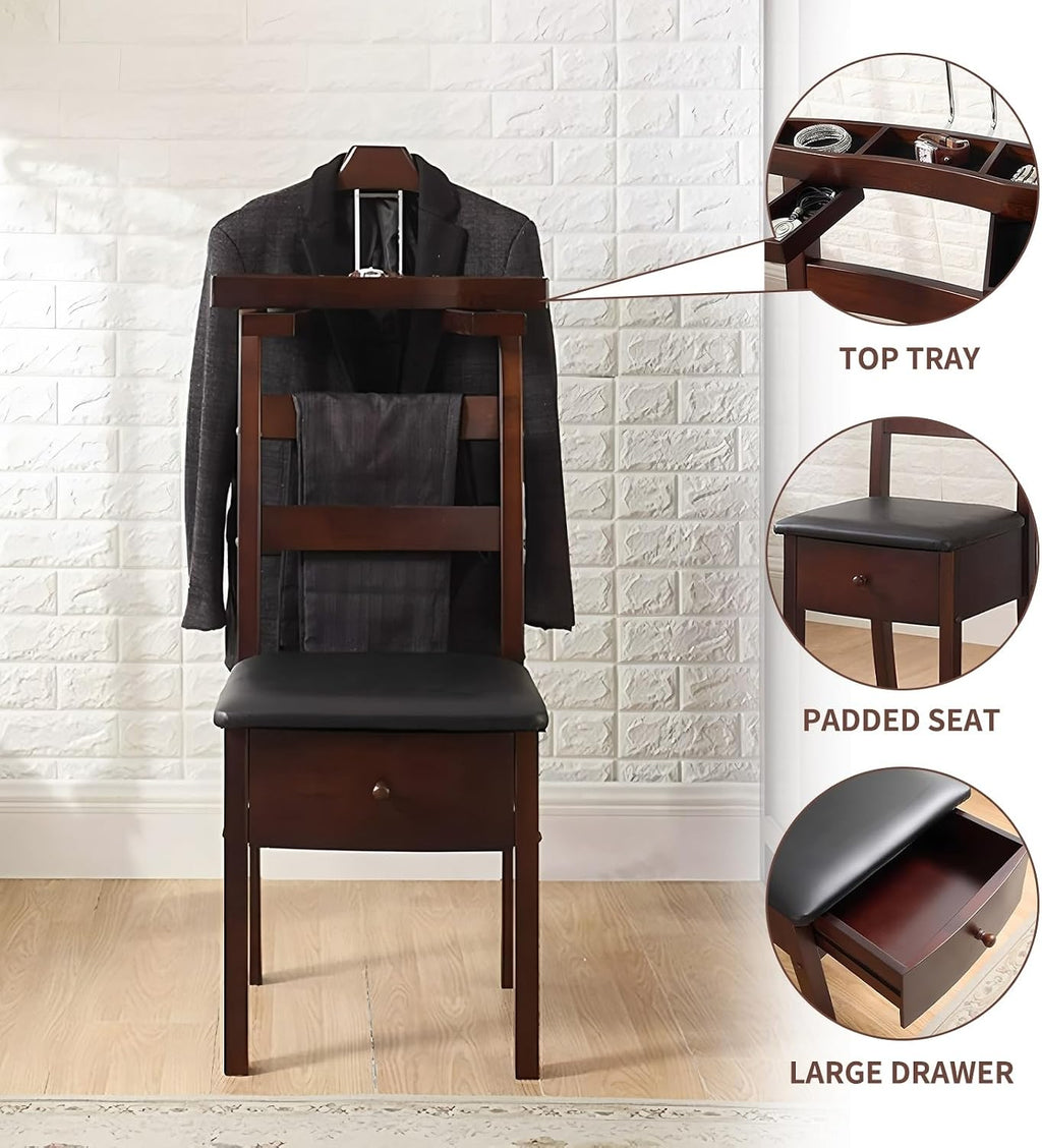 Chair Valet with cushioned seat Freestanding Suit Stand&Clothes Butler Wood Valet Stand with Drawer&Tray Clothing Rack with Contour Hanger Trouser Bar Suit Rack for Living Room Office Dressing Room