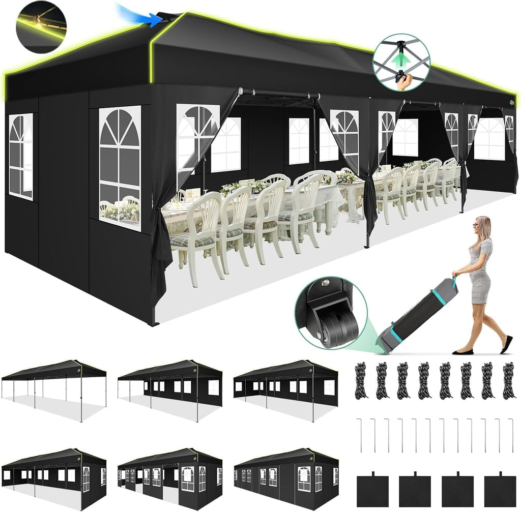 COBIZI 10x30 Pop Up Canopy Tent, Wedding Party Tent with 8 Sidewall One Push Setup Glow, 3 Adjustable Height Air Vent Waterproof UPF50+, Wheeled Bag, Sandbag, Stake, Rope for Commercial, Outdoor