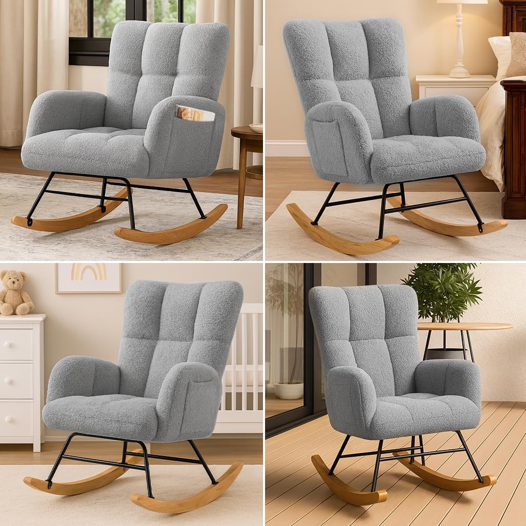 COMHOMA Nursery Rocking Chair, Teddy Upholstered Glider Rocking Chair with Side Pockets, Accent Chair with High Backrest Reading Chair for Adult, Nursery, Bedroom, Living Room,Offices(Grey)