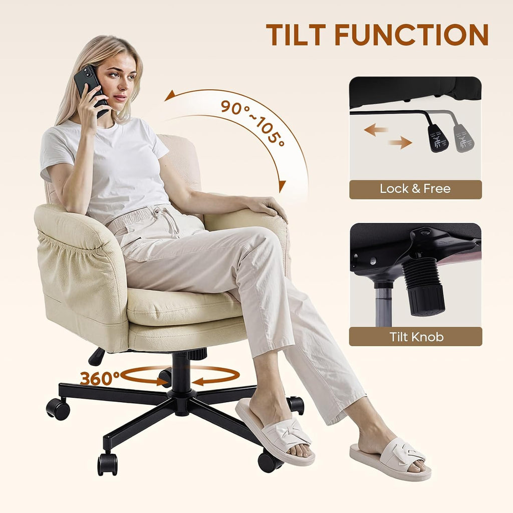 Bestier Criss Cross Office Chair with Flip-Up Armrests, Swivel Makeup Vanity Chair with Wheels & Side Pockets, Cross Legged Office Chair for Home Office, Bedroom, Beige PU Leather