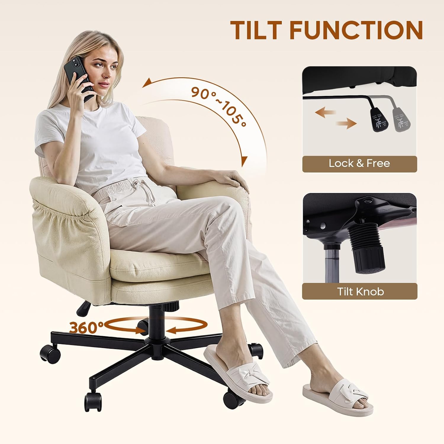Bestier Criss Cross Office Chair with Flip-Up Armrests, Swivel Makeup Vanity Chair with Wheels & Side Pockets, Cross Legged Office Chair for Home Office, Bedroom, Beige PU Leather