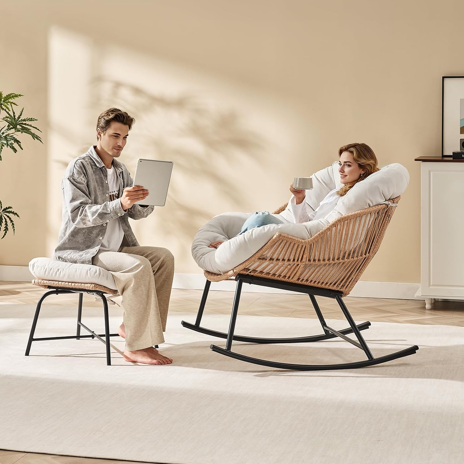 ONBRILL Papasan Rocking Chair with Ottoman,Oversized Papasan Chair with Padded Cushion, Indoor & Outdoor Rocker Chair for Living Room, Patio, Garden, Cream White