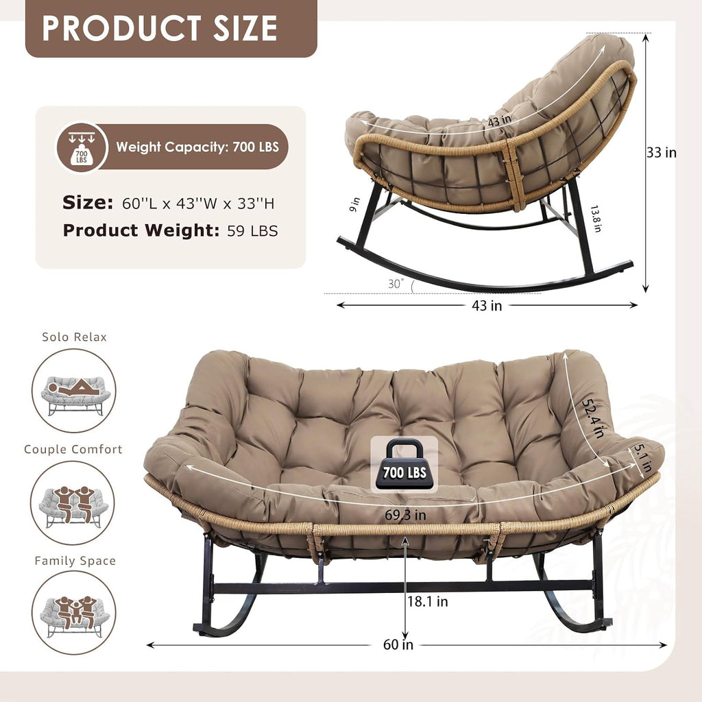 RADIATA Double Rocking Chair, Oversized Egg Rocking Chairs for 2 Person, Large Wide Papasan Loveseat with Cushion and Frame, Comfort Outdoor Furniture for Reading/Relaxing Patio Garden Backyard Brown