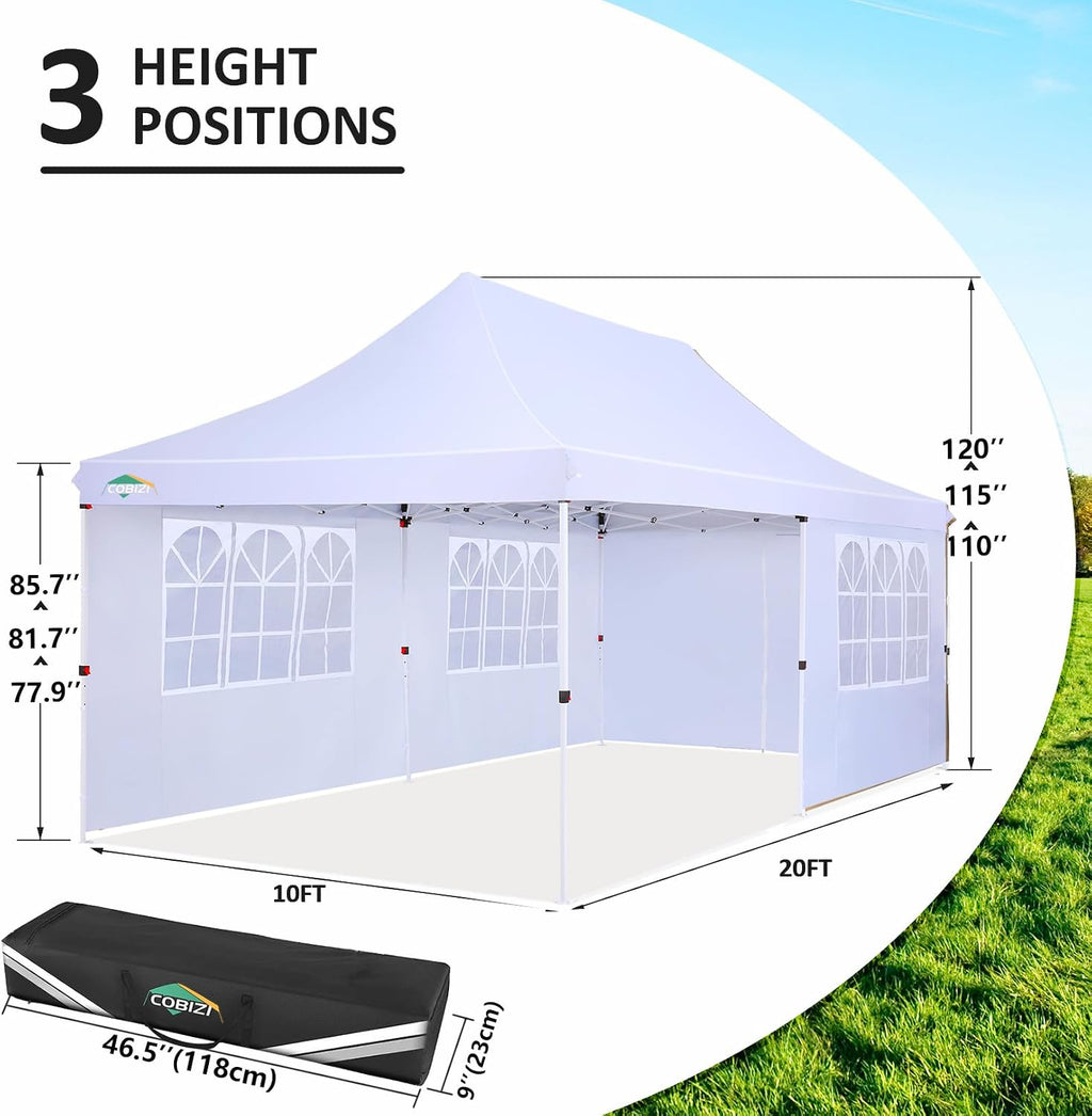 COBIZI 10x20ft Pop Up Canopy Tent with 6 Removable Sidewalls, Easy Up Commercial Canopy, Waterproof and UV50+ Gazebo with Portable Bag, Adjustable Leg Heights,Party Tents for Parties, with 4 Sandbags