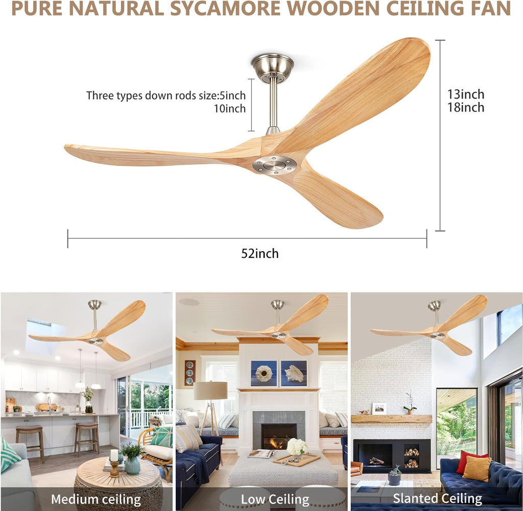 52' Ceiling Fans Without Lights, Solid Wood Ceiling Fan with Remote Control No Light, Modern Ceiling Fan with 3 Blades, Indoor Outdoor Ceiling Fans for Patios, Gazebo(Nature Wood)