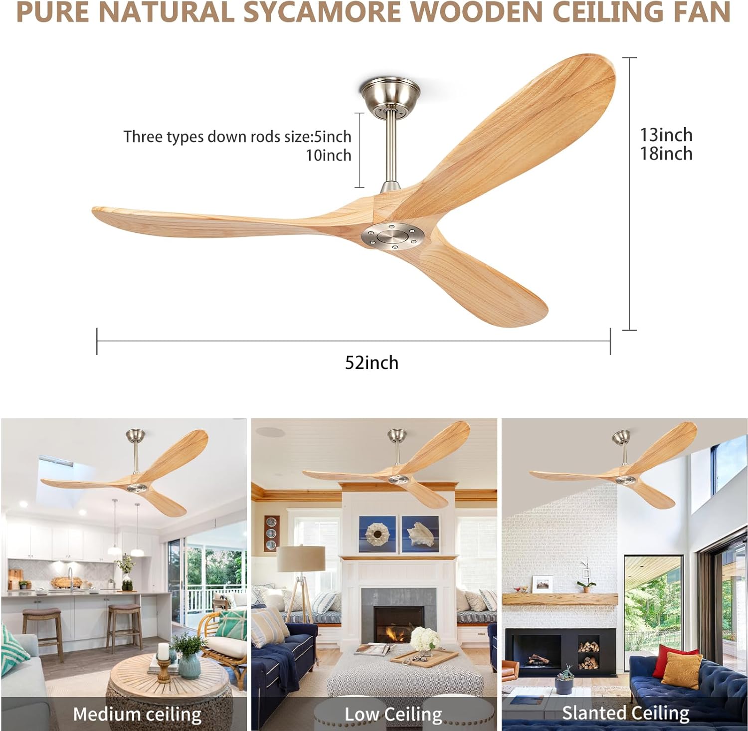52' Ceiling Fans Without Lights, Solid Wood Ceiling Fan with Remote Control No Light, Modern Ceiling Fan with 3 Blades, Indoor Outdoor Ceiling Fans for Patios, Gazebo(Nature Wood)