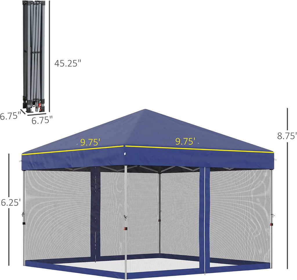 Outsunny 10' x 10' Pop Up Canopy Tent, Tents for Parties with Wheeled Carry Bag, Screen House Room, Height Adjustable Portable Gazebo, for Outdoor, Garden, Patio, Blue