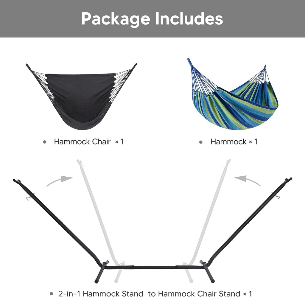 SUNCREAT 2-in-1 Hammocks Hammock Chair with Stand, 475 lbs Capacity, Heavy Duty Two Person Hammock with Stand, Patented, Blue Stripe