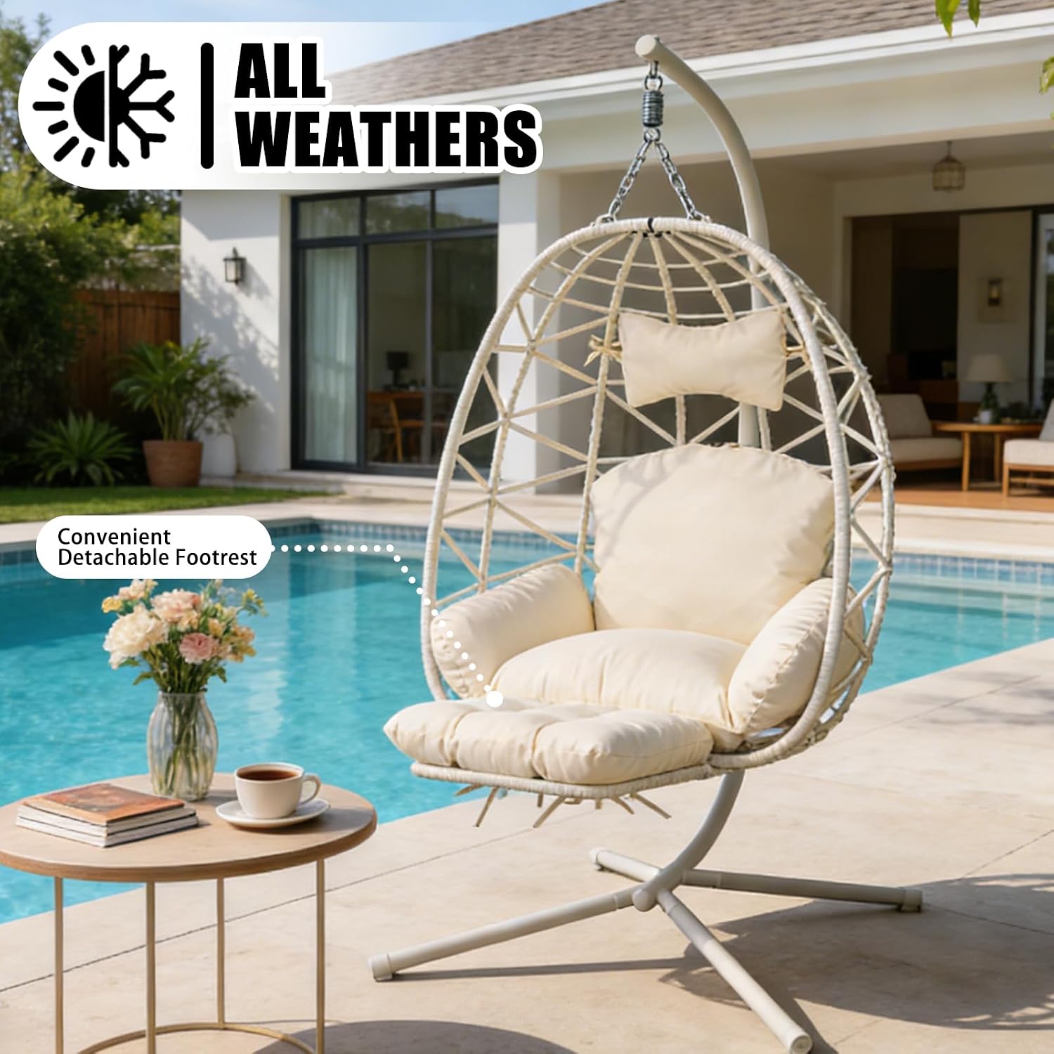Hanging Egg Chair with Stand & Leg Rest,Rattan Wicker Swing Chair with Cushion,Patio Basket Hanging Chair Wicker Hammock Chair for Indoor Outdoor Bedroom Garden,300LBS (White Rattan&White Cushion)