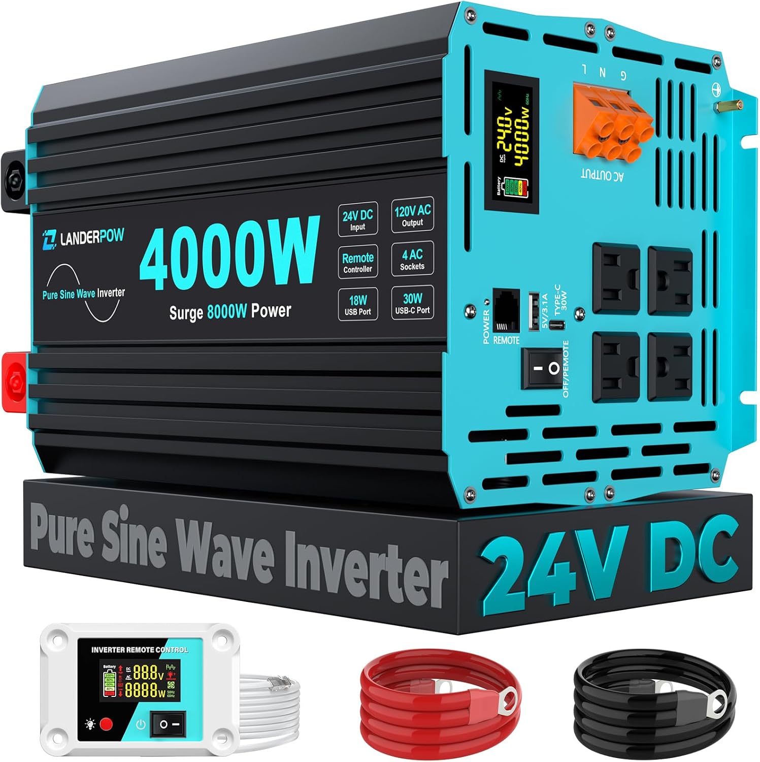24V DC to 120V AC 4000 Watt Pure Sine Wave Inverter for RV, Truck, Solar, Home, Off-Grid, Power Inverter with 4 AC Outlet, 30W Type-C, 5V 3.1A USB, Hardwire Port, Remote Control, Surge 8000W