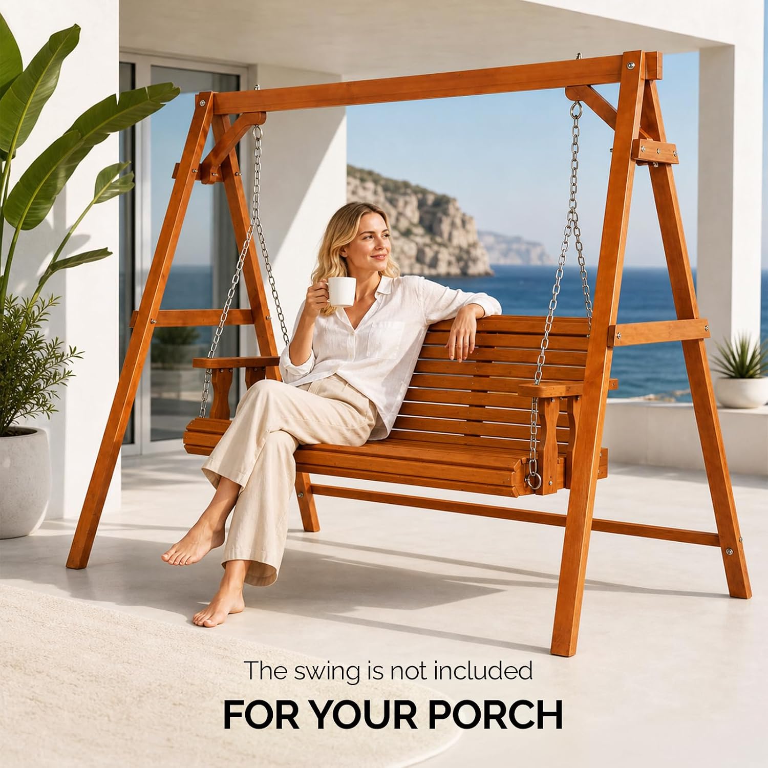 VINGLI 6.9FT Porch Swing Frame, 660 LBS Heavy Duty A-Frame Wooden Porch Swing Stand with Bottom Connection Bar for 5FT Porch Swing, Upgraded Wood Swing Hanger for Garden Patio (Brown, 6.9FT)