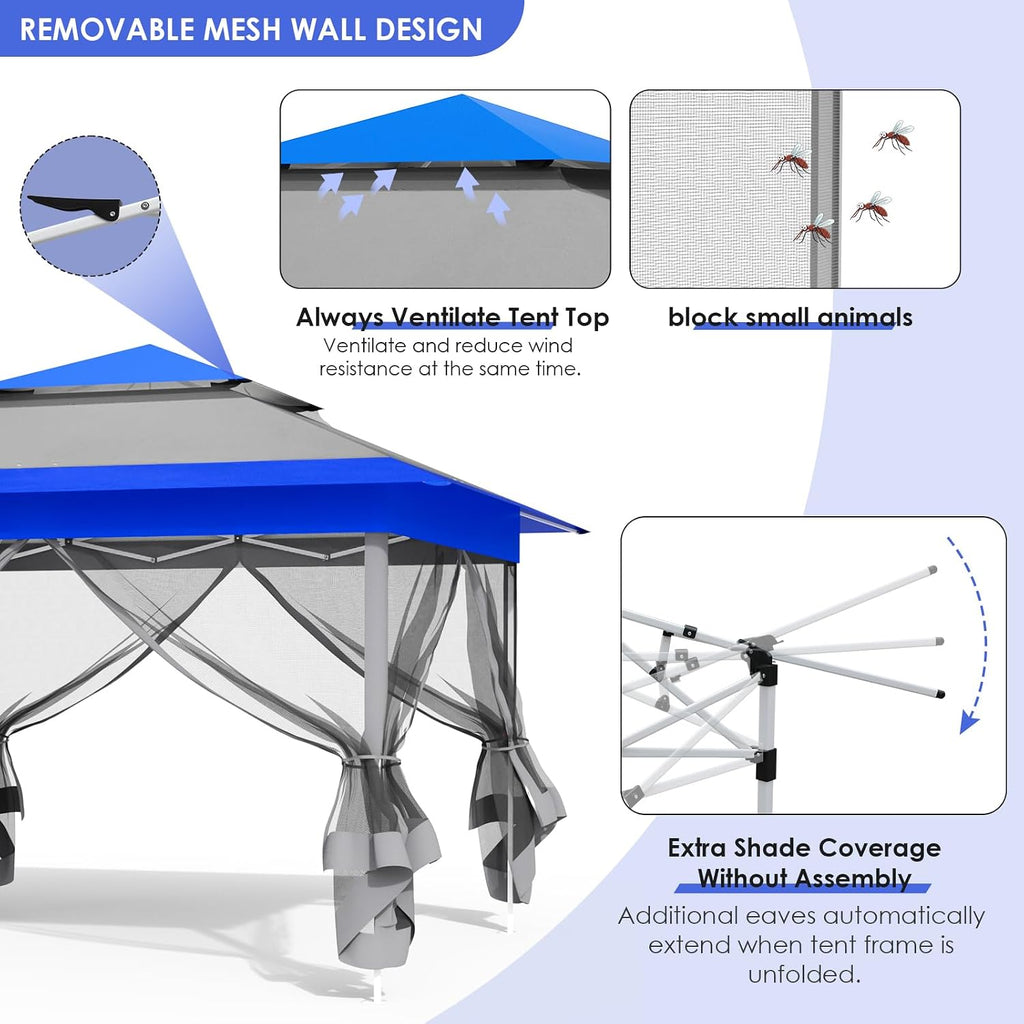MAMIZO 13ft Pop Up Gazebo, Outdoor Instant Canopy Tent w/4 Netting Sidewall & Auto Extending Eave, Patio Gazebos Shelter w/Mesh Wall, Center Lock, Wheeled Bag for Garden, Yard (Blue, 13X13FT)