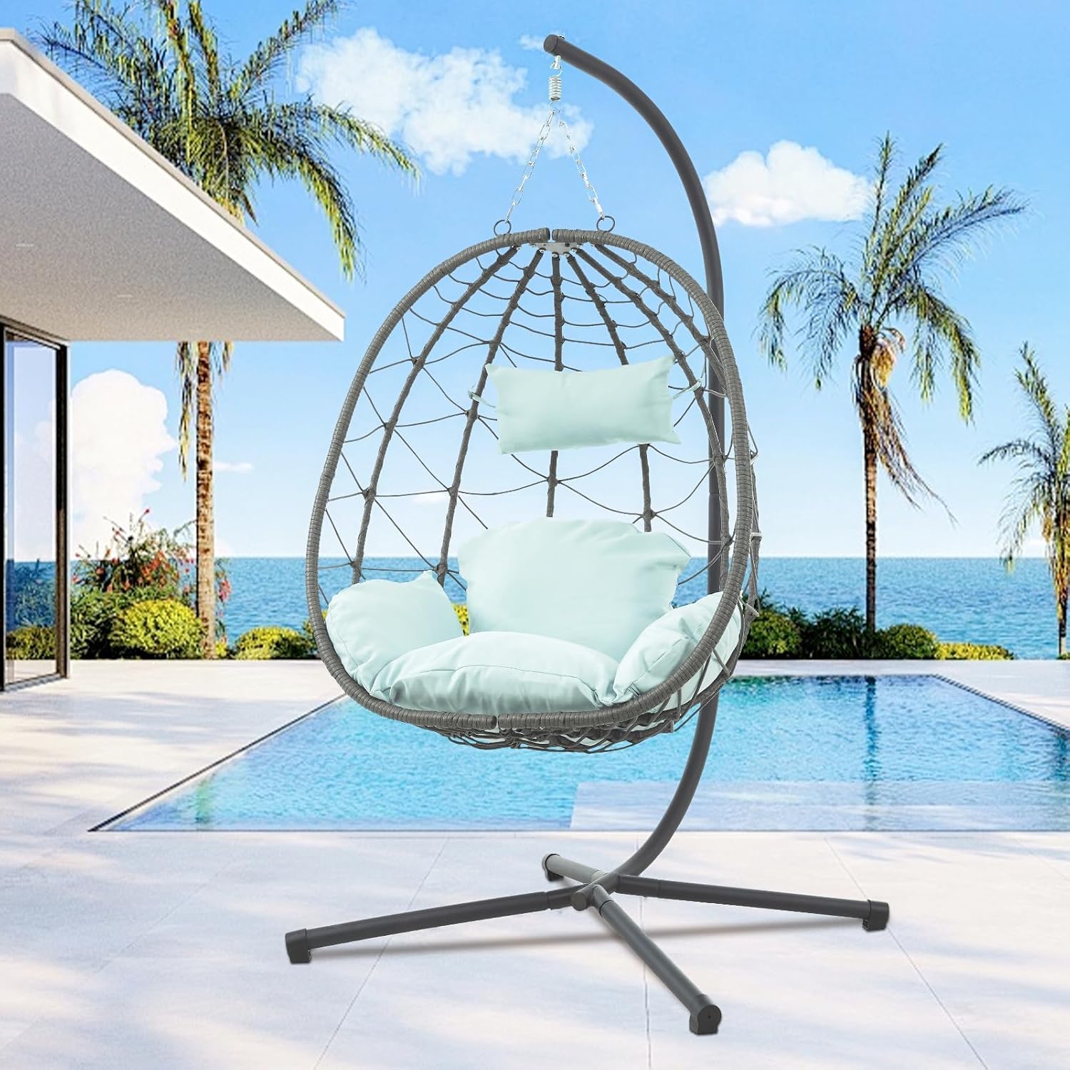 Egg Chair Indoor Outdoor, Foldable Hanging Egg Chair with Stand, Patio Swing Egg Chairs, UV Resistant Removable &Washable Thicken Padded Cushions, 350LBS Capacity for Bedroom (Small Blue)